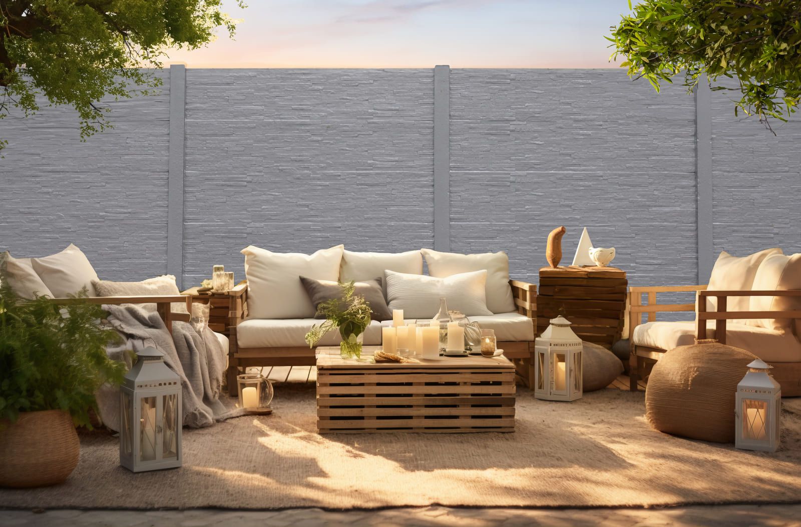 Sorento Betonzaunsystem in einem Garten mit Sitzbereichen